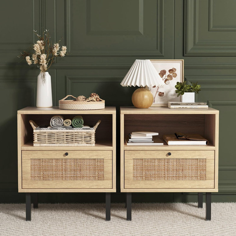 Bay Isle Home Rattan Nightstands Set Of 2 Boho Night Stand With 1 Door Accent End Table Wood Bediside Table With Metal Legs open Shelf Natural Wood Wayfair